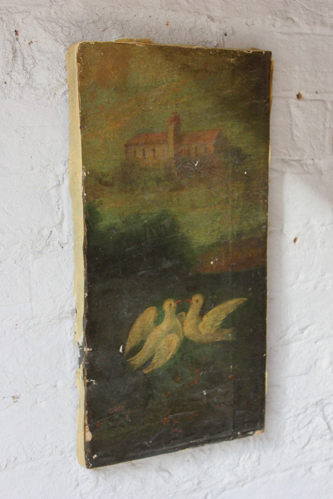 A Charming Mid 19thC American Naïve School Oil on Canvas; Doves Amongst a Landscape