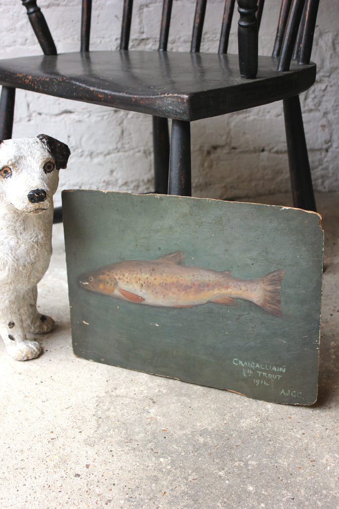 A Charming c.1914 Naive English School Oil on Board; Craigalliain Half Pound Trout