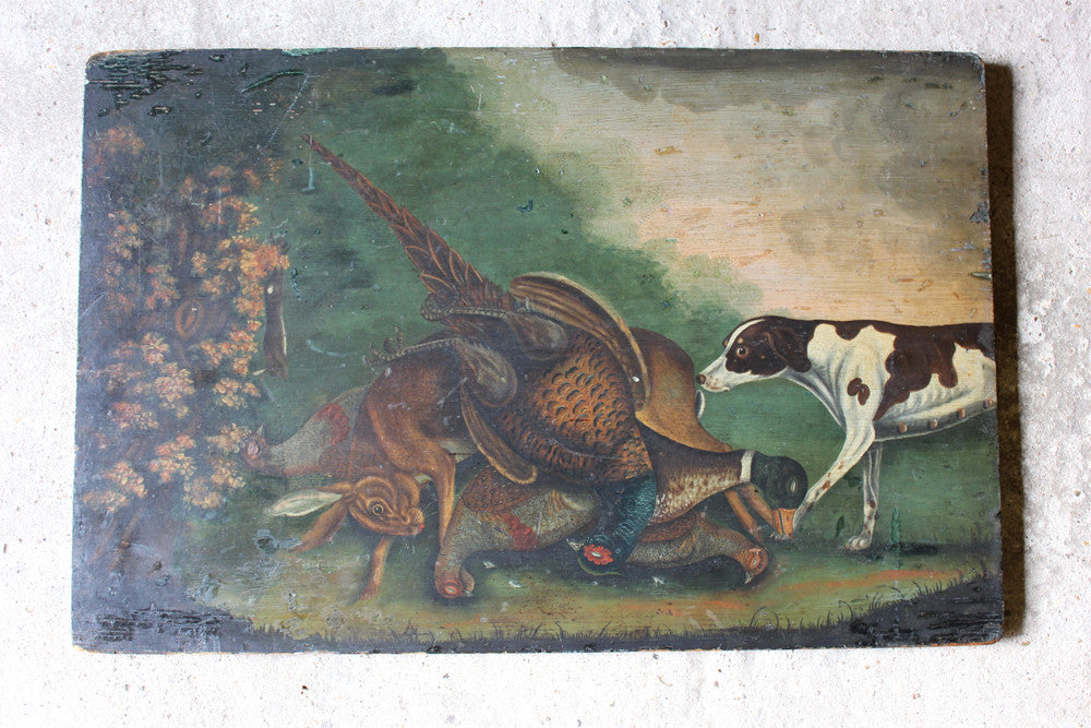 A Charming c.1850 English Provincial School Oil on Panel; 'A Dog With The Days Bag'