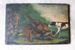 A Charming c.1850 English Provincial School Oil on Panel; 'A Dog With The Days Bag'