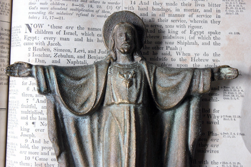 A Good Early 20thC Solid Bronze Figure of The Sacred Heart of Jesus Christ