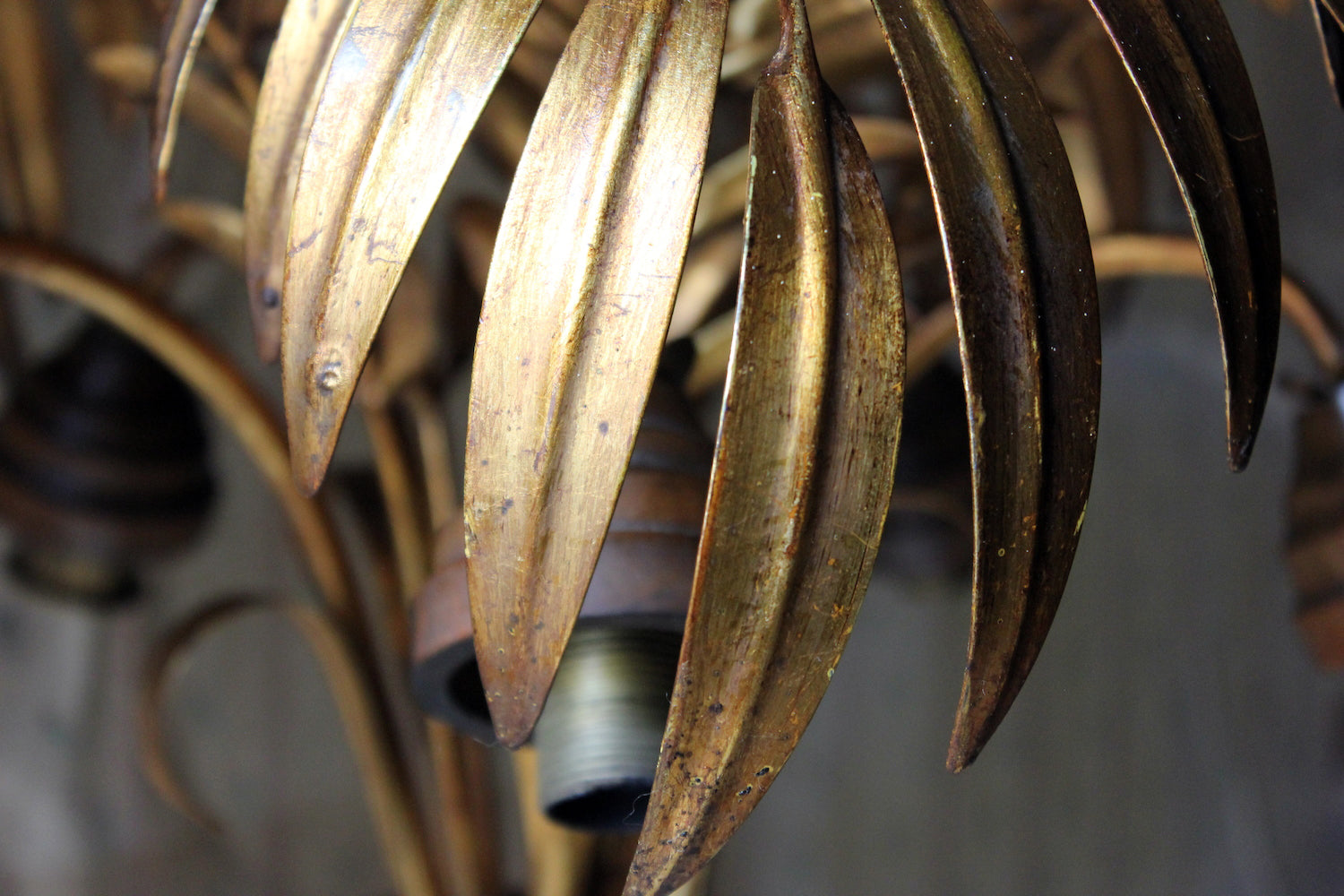 A Beautiful Maison Jansen Style Naturalistic Gilt-Metal Palm-Leaf Formed Five-Branch Hanging Light c.1970
