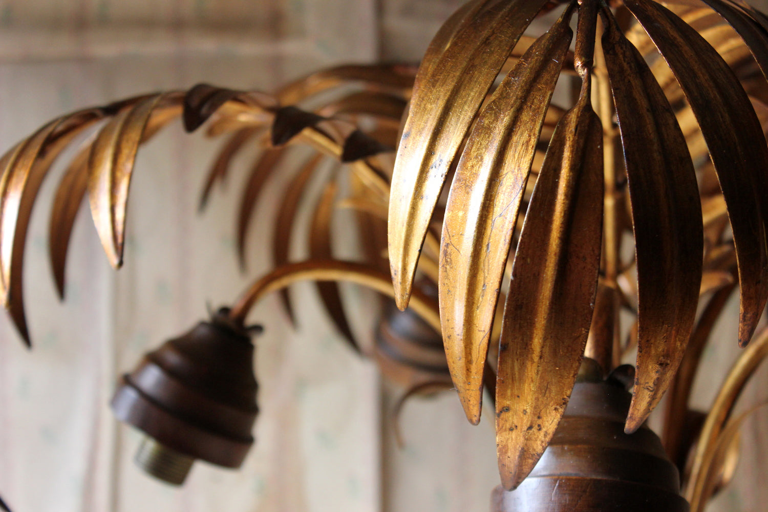 A Beautiful Maison Jansen Style Naturalistic Gilt-Metal Palm-Leaf Formed Five-Branch Hanging Light c.1970