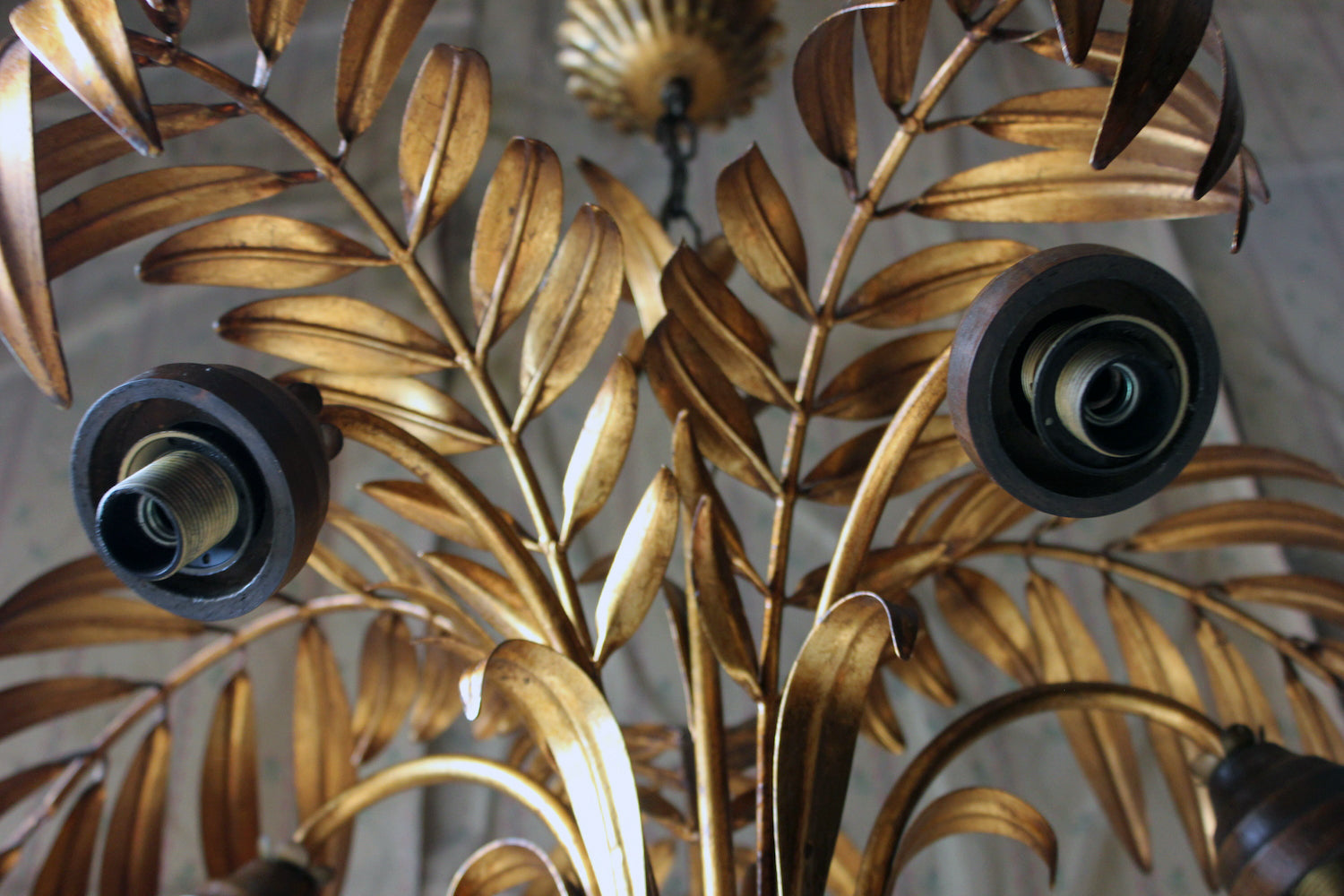 A Beautiful Maison Jansen Style Naturalistic Gilt-Metal Palm-Leaf Formed Five-Branch Hanging Light c.1970