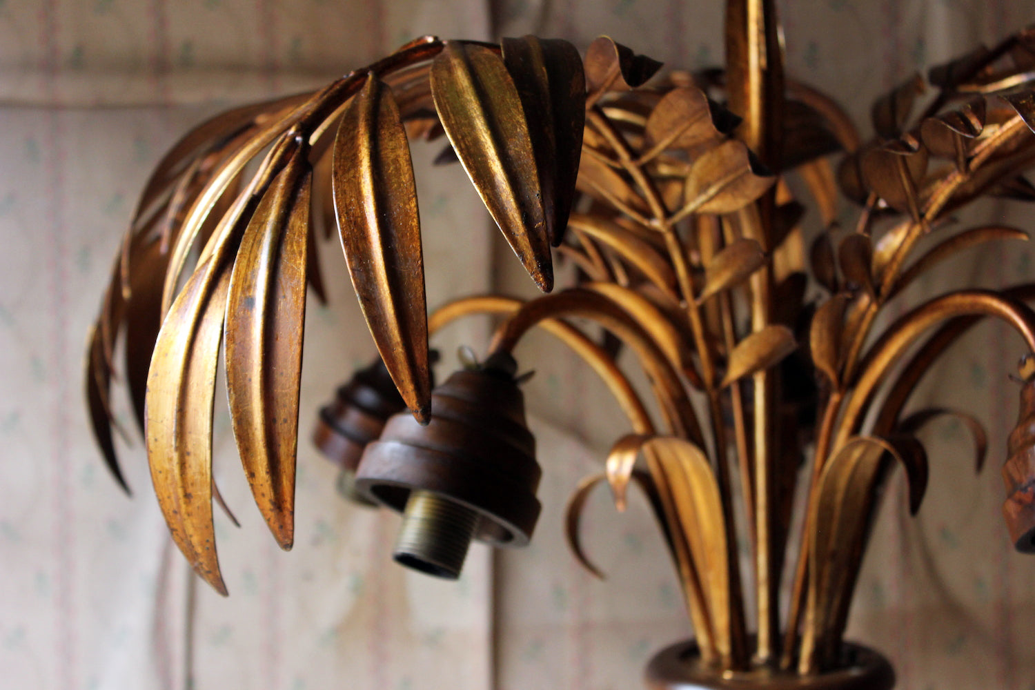 A Beautiful Maison Jansen Style Naturalistic Gilt-Metal Palm-Leaf Formed Five-Branch Hanging Light c.1970