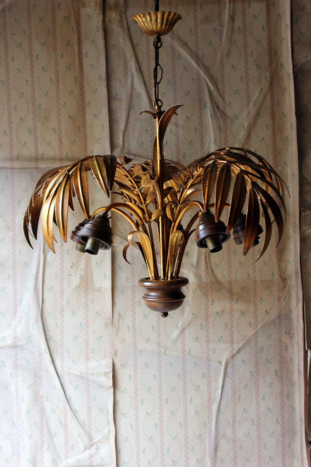 A Beautiful Maison Jansen Style Naturalistic Gilt-Metal Palm-Leaf Formed Five-Branch Hanging Light c.1970