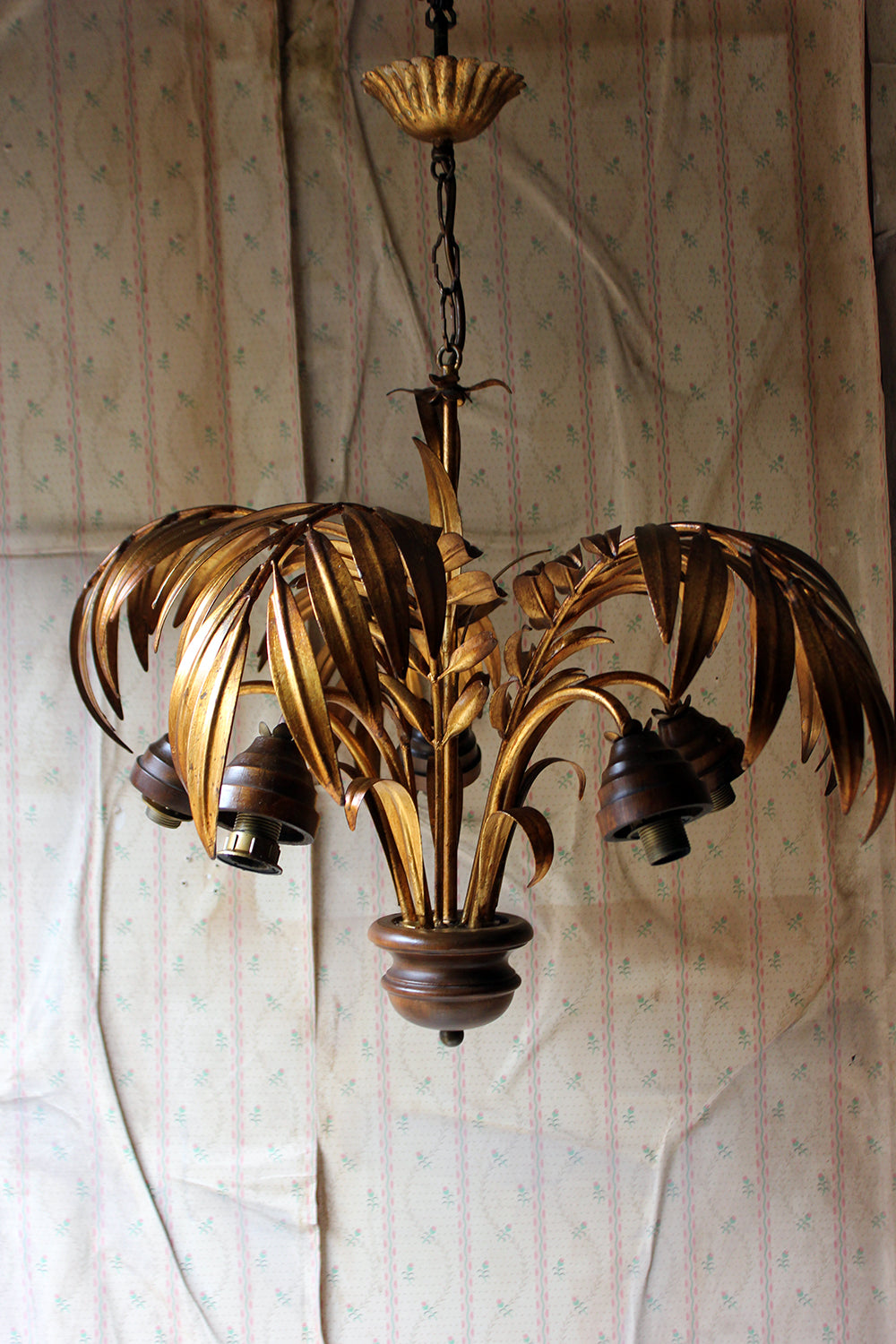 A Beautiful Maison Jansen Style Naturalistic Gilt-Metal Palm-Leaf Formed Five-Branch Hanging Light c.1970