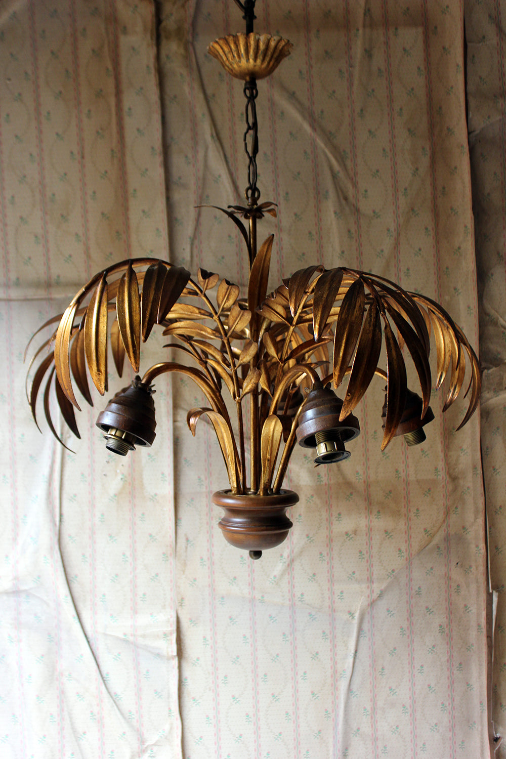 A Beautiful Maison Jansen Style Naturalistic Gilt-Metal Palm-Leaf Formed Five-Branch Hanging Light c.1970