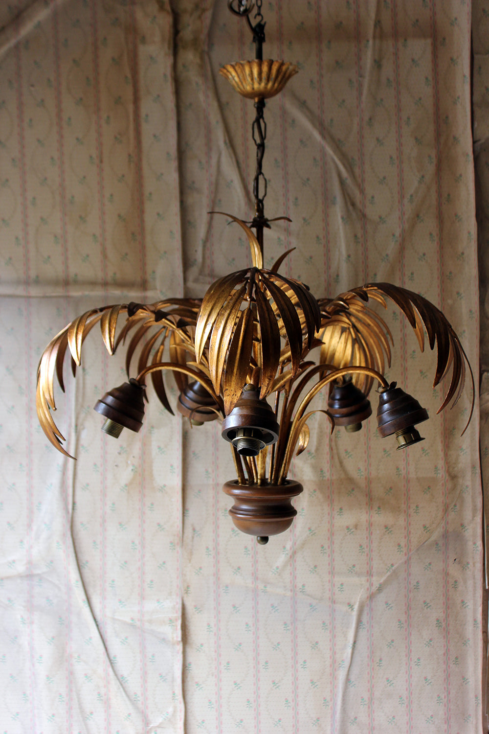 A Beautiful Maison Jansen Style Naturalistic Gilt-Metal Palm-Leaf Formed Five-Branch Hanging Light c.1970