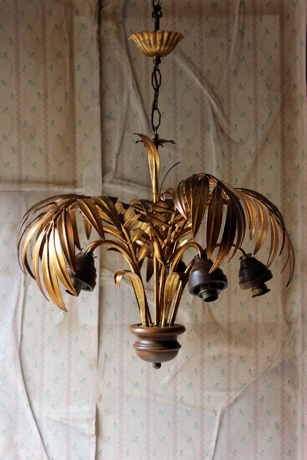 A Beautiful Maison Jansen Style Naturalistic Gilt-Metal Palm-Leaf Formed Five-Branch Hanging Light c.1970