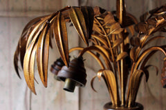 A Beautiful Maison Jansen Style Naturalistic Gilt-Metal Palm-Leaf Formed Five-Branch Hanging Light c.1970