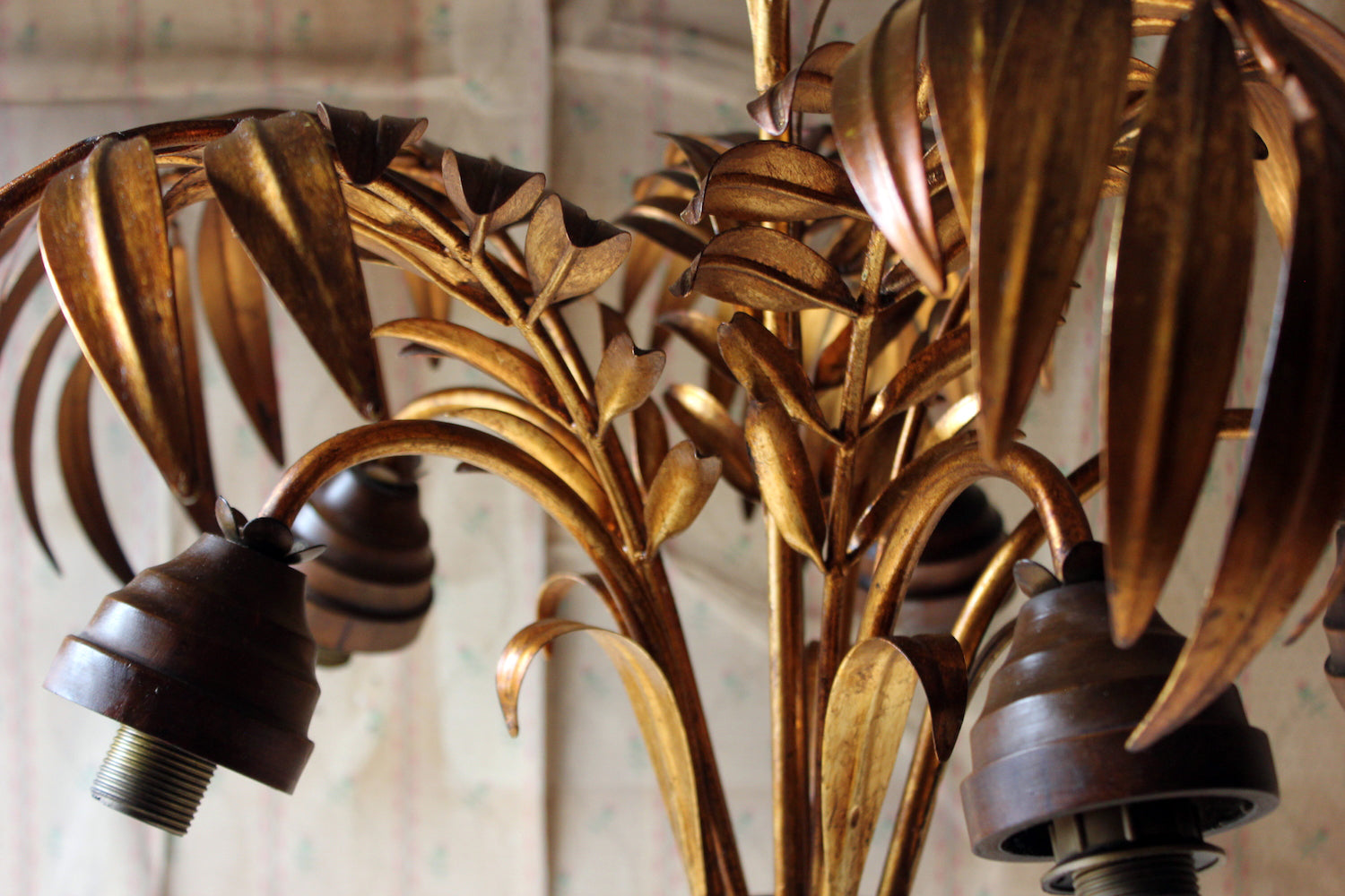 A Beautiful Maison Jansen Style Naturalistic Gilt-Metal Palm-Leaf Formed Five-Branch Hanging Light c.1970