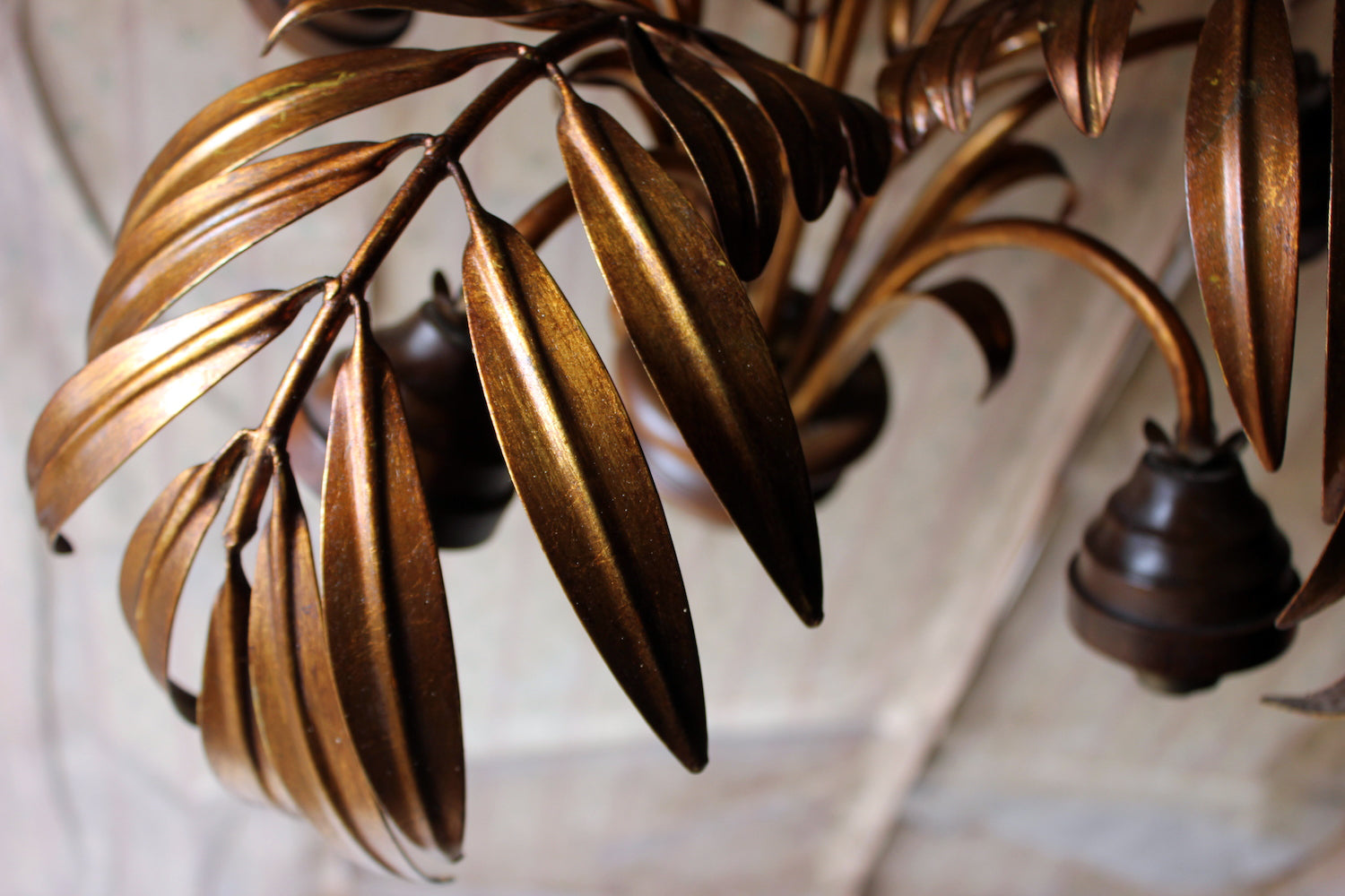 A Beautiful Maison Jansen Style Naturalistic Gilt-Metal Palm-Leaf Formed Five-Branch Hanging Light c.1970