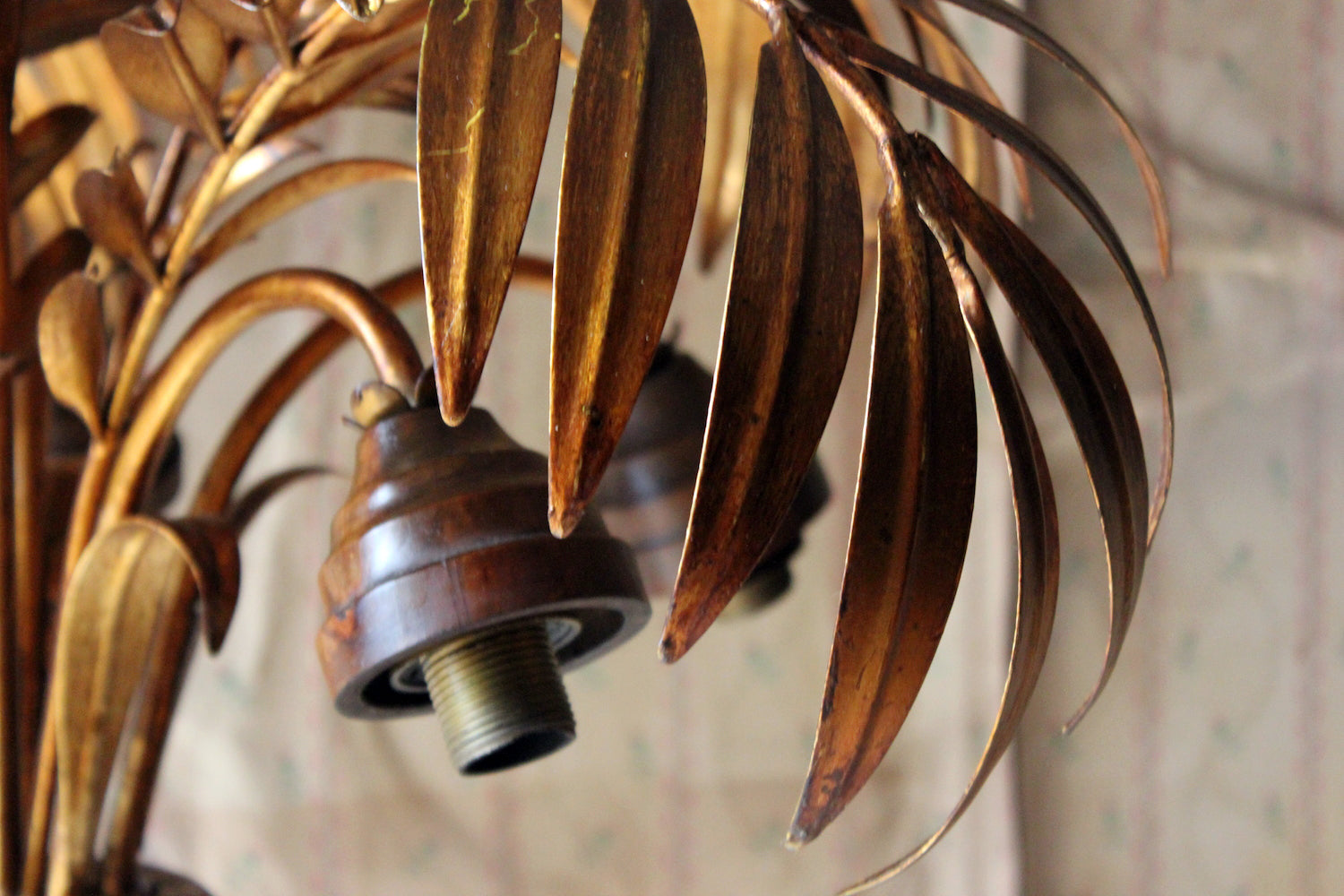 A Beautiful Maison Jansen Style Naturalistic Gilt-Metal Palm-Leaf Formed Five-Branch Hanging Light c.1970