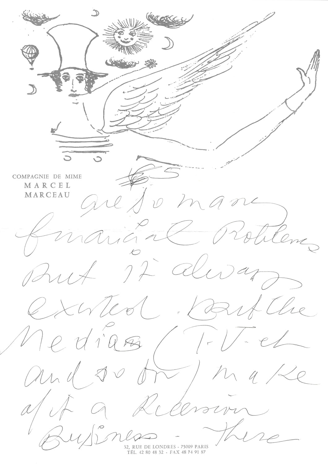 A Black Ink Autographed Letter Signed by Marcel Marceau (1923-2007), Mime Artist, c.1994