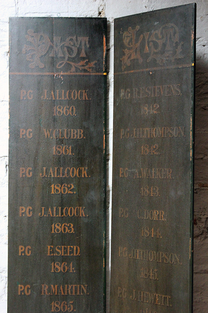 A Decorative Pair of Masonic Lodge Freemasons Roll of Worshipful Masters Name Boards c.1840