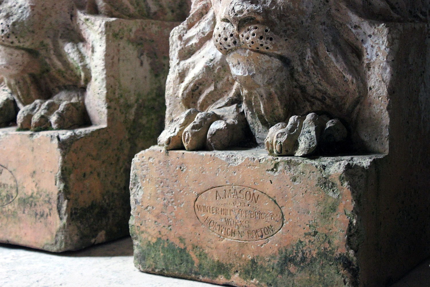 A Good Pair of c.1900 Terracotta Lions by Adam Mason & Sons of Horwich, Lancashire