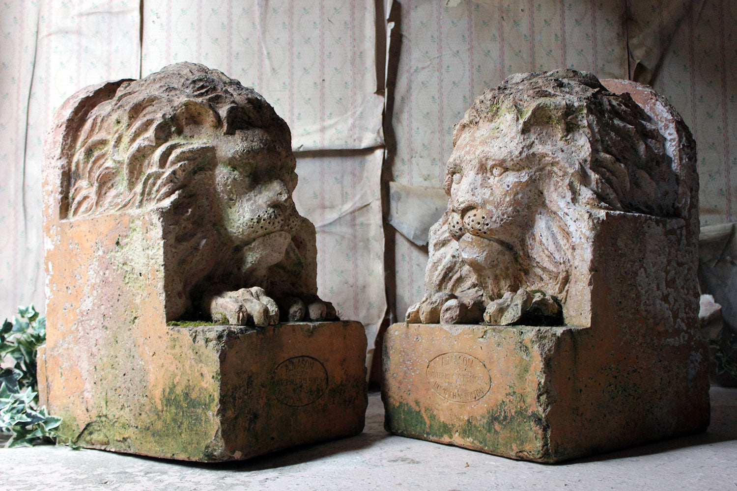 A Good Pair of c.1900 Terracotta Lions by Adam Mason & Sons of Horwich, Lancashire