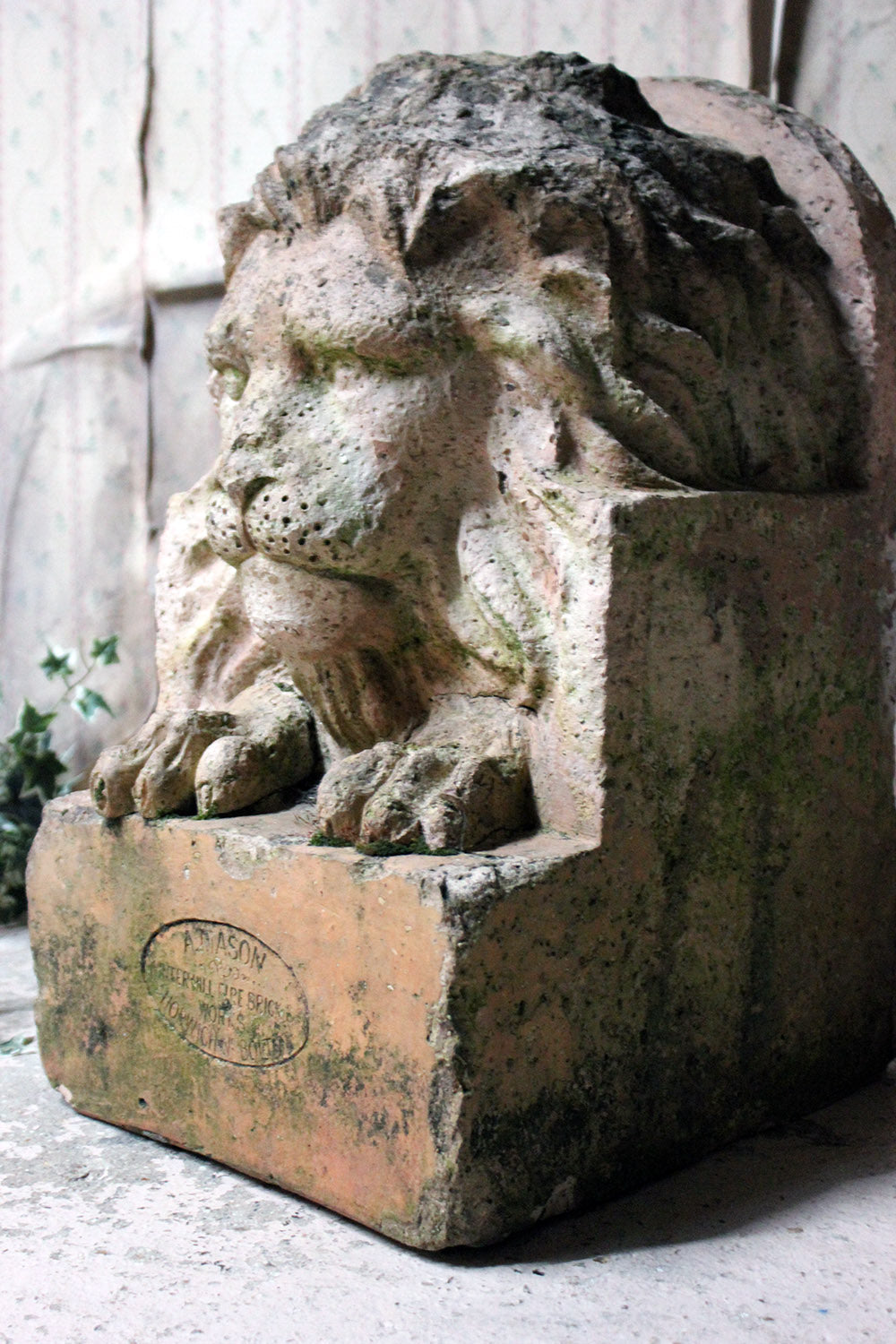 A Good Pair of c.1900 Terracotta Lions by Adam Mason & Sons of Horwich, Lancashire