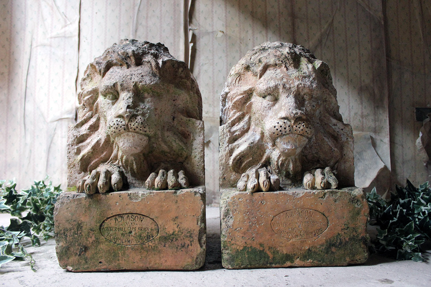 A Good Pair of c.1900 Terracotta Lions by Adam Mason & Sons of Horwich, Lancashire