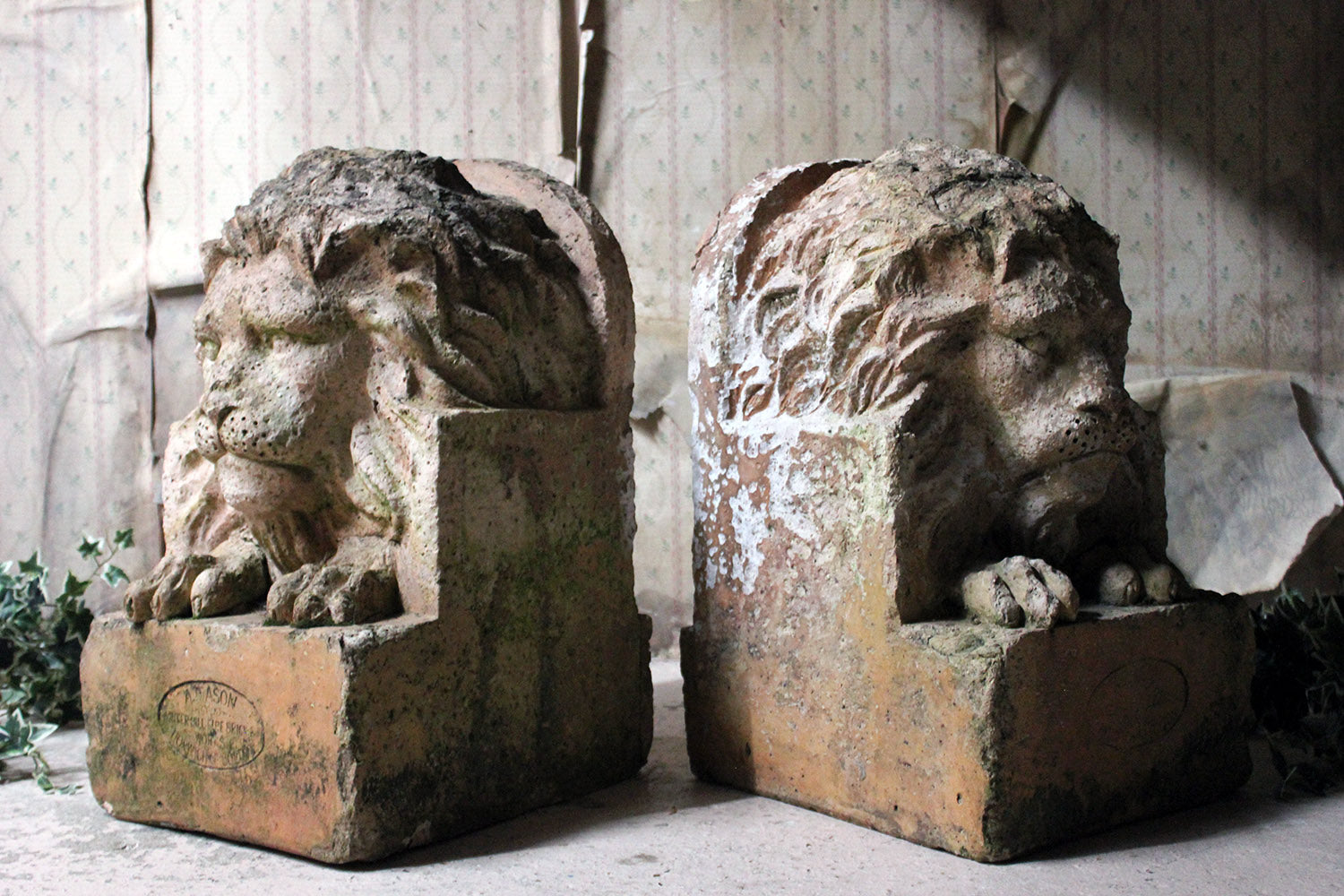 A Good Pair of c.1900 Terracotta Lions by Adam Mason & Sons of Horwich, Lancashire