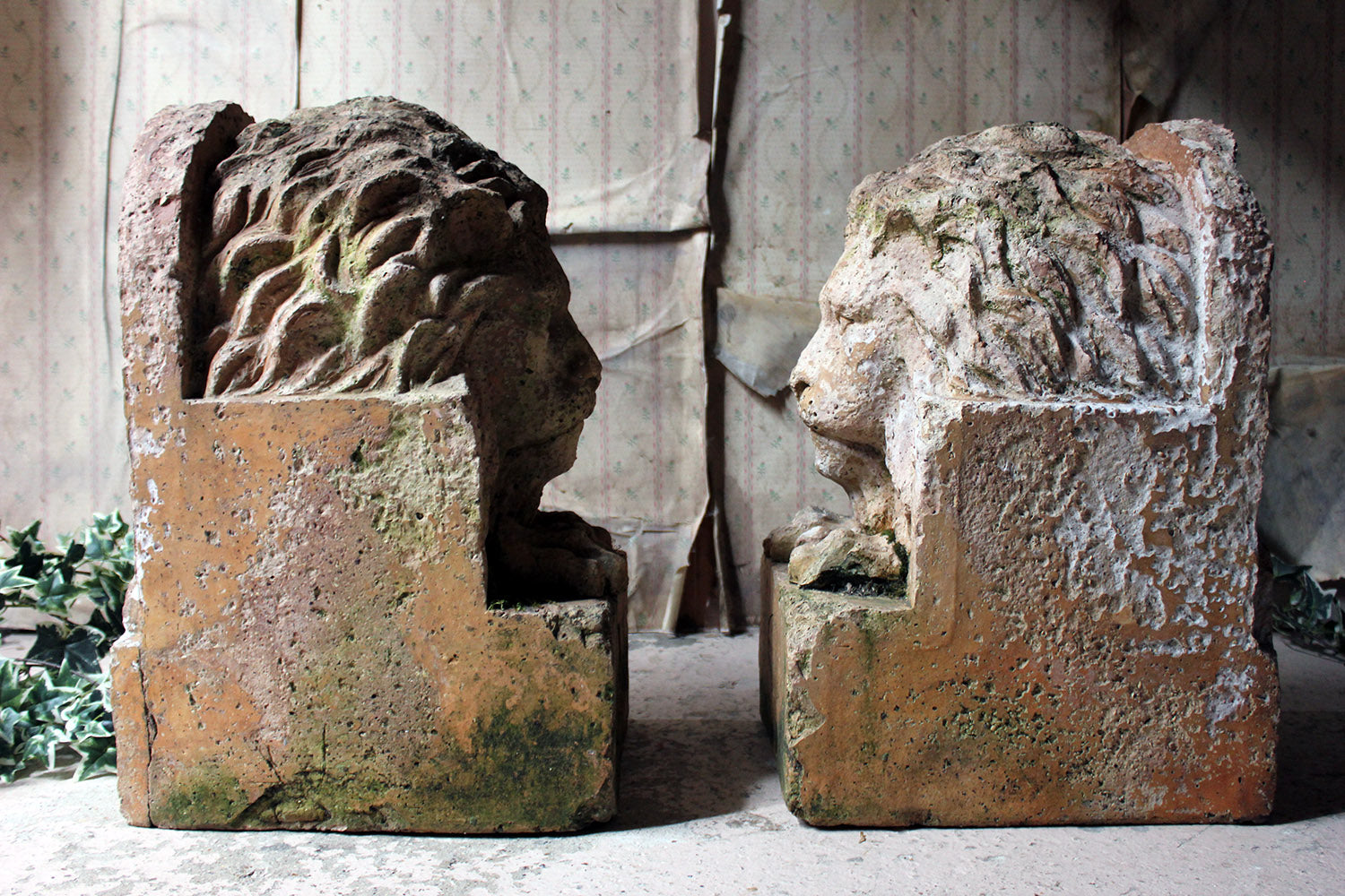 A Good Pair of c.1900 Terracotta Lions by Adam Mason & Sons of Horwich, Lancashire