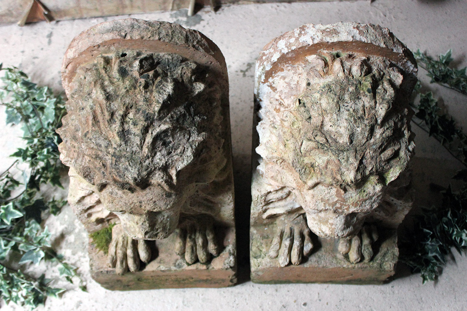 A Good Pair of c.1900 Terracotta Lions by Adam Mason & Sons of Horwich, Lancashire
