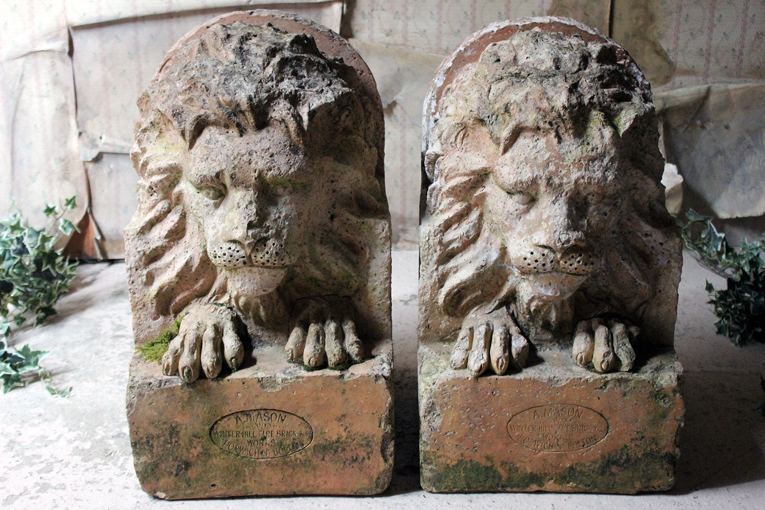 A Good Pair of c.1900 Terracotta Lions by Adam Mason & Sons of Horwich, Lancashire