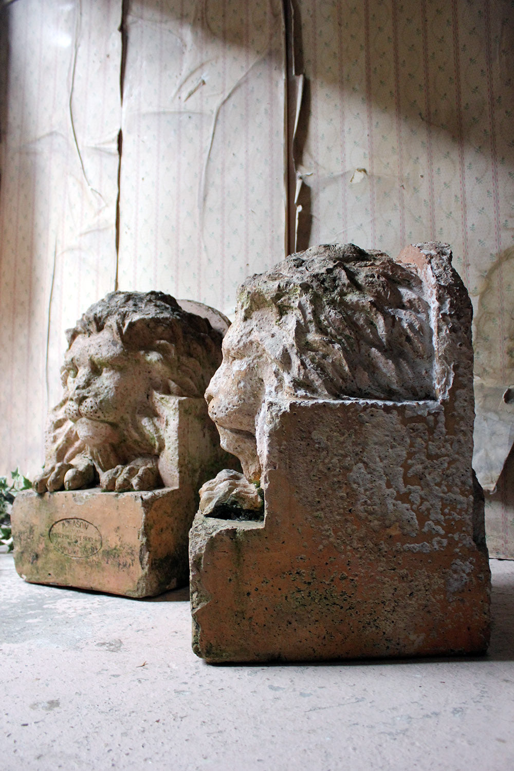 A Good Pair of c.1900 Terracotta Lions by Adam Mason & Sons of Horwich, Lancashire