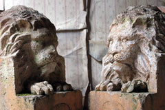 A Good Pair of c.1900 Terracotta Lions by Adam Mason & Sons of Horwich, Lancashire