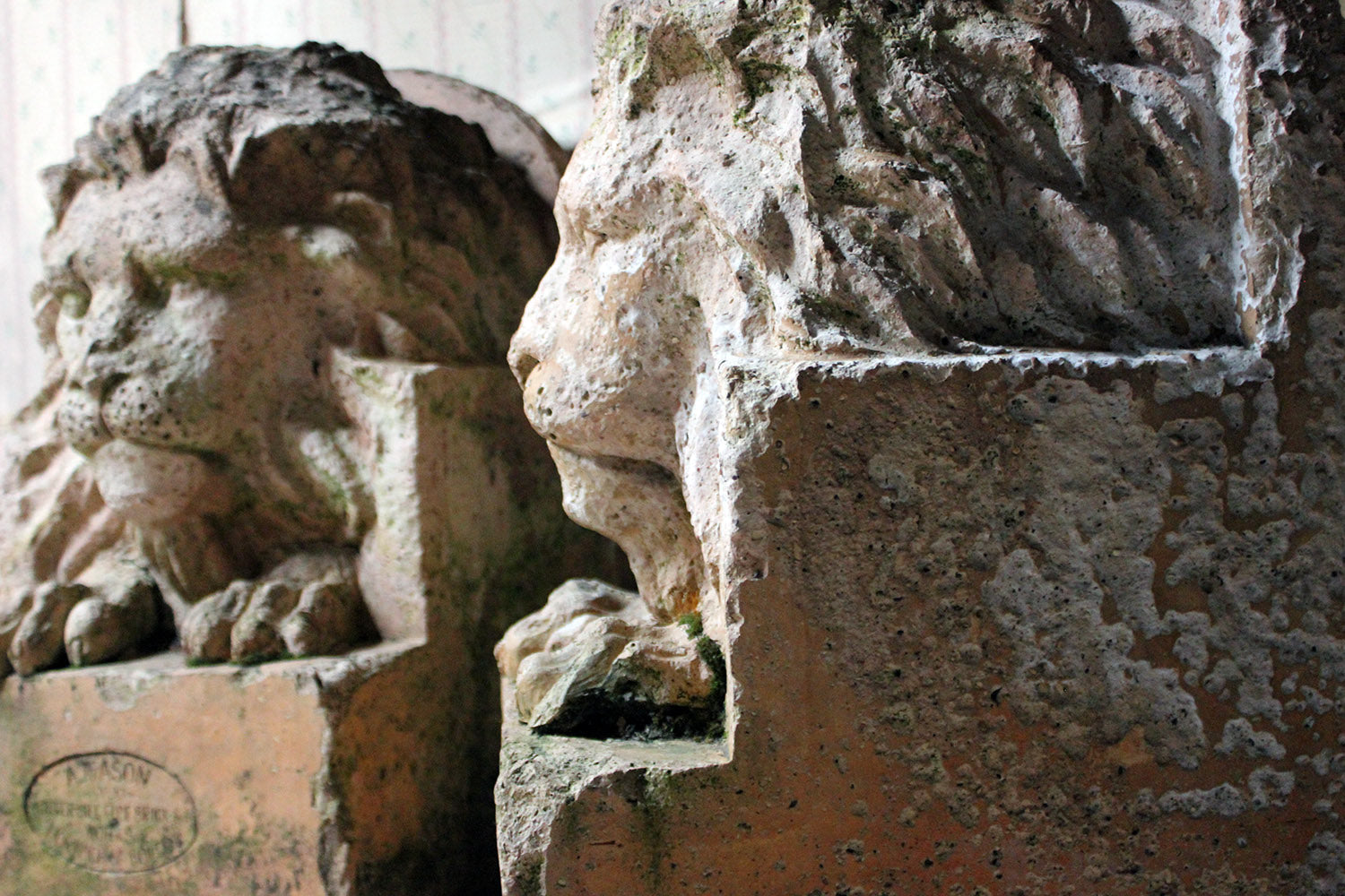 A Good Pair of c.1900 Terracotta Lions by Adam Mason & Sons of Horwich, Lancashire