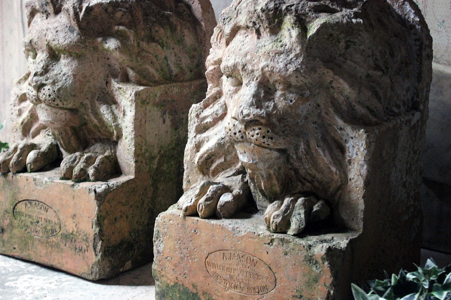 A Good Pair of c.1900 Terracotta Lions by Adam Mason & Sons of Horwich, Lancashire