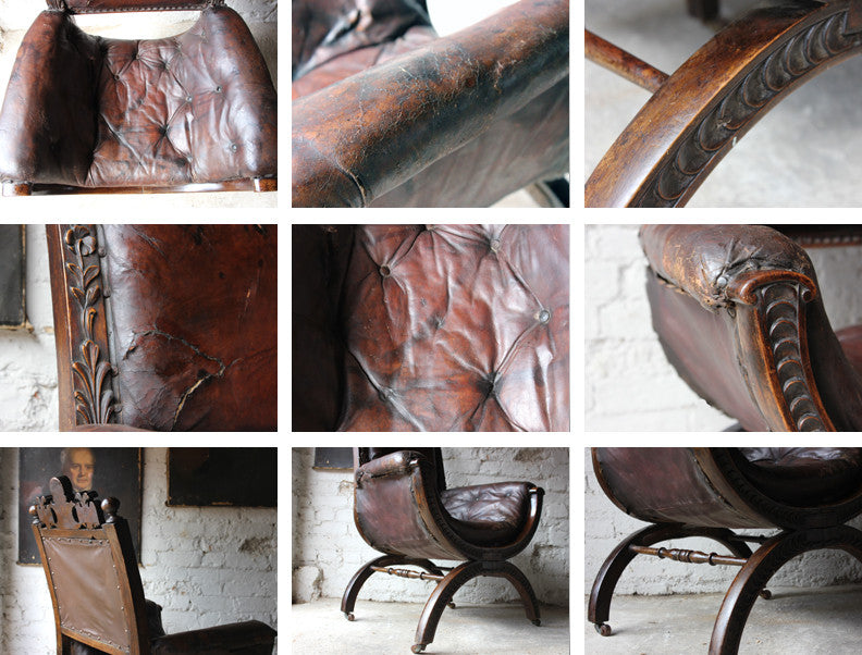 A Good 19thC Carved Oak & Leather Upholstered Savonarola Armchair