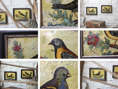 A Charming Pair of c.1800 Reverse Glass Paint & Foil Pictures of Birds Amongst Foliage