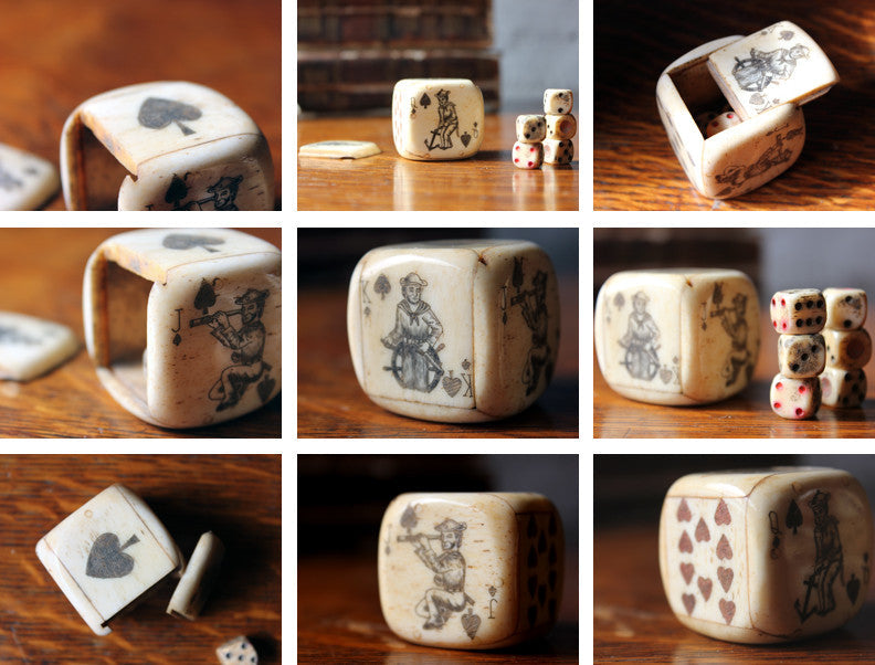 A Fine c.1880 Carved Bone Scrimshaw Sailors Dice Holder & Dice
