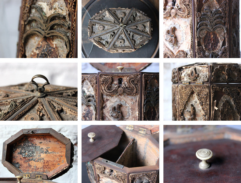 A Distressed George III Rolled Paper Filigree Octagonal Tea Caddy Under a 19thC Glass Dome