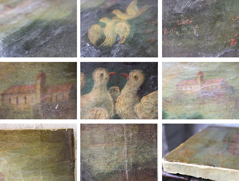A Charming Mid 19thC American Naïve School Oil on Canvas; Doves Amongst a Landscape