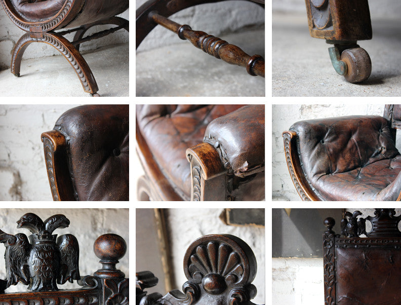 A Good 19thC Carved Oak & Leather Upholstered Savonarola Armchair
