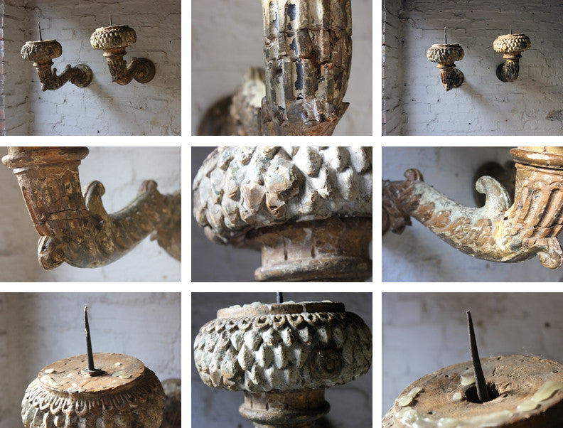 A Good Pair of Louis XVI/Empire Period French Polychrome Painted & Carved Wall Sconce Pricket Torchères