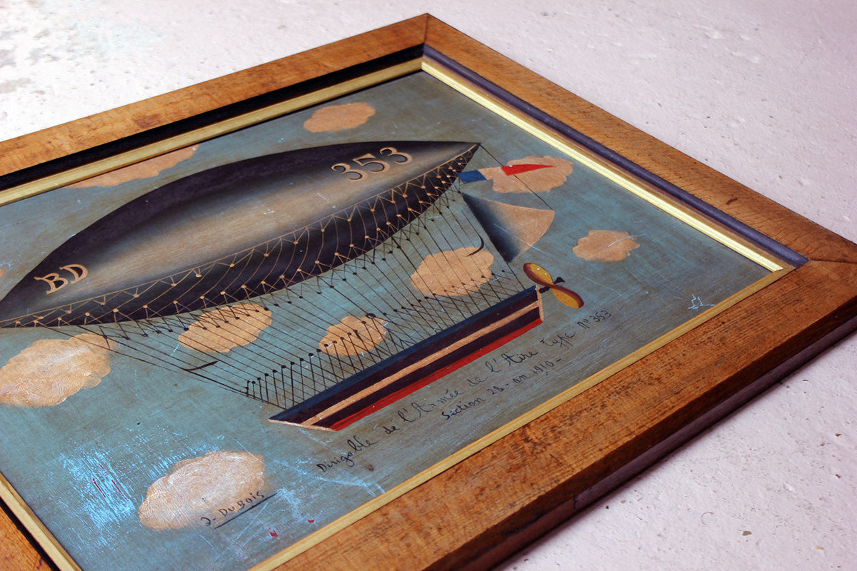 A French Naïve School Oil on Tin of an Airship by J. Du Bois c.1910