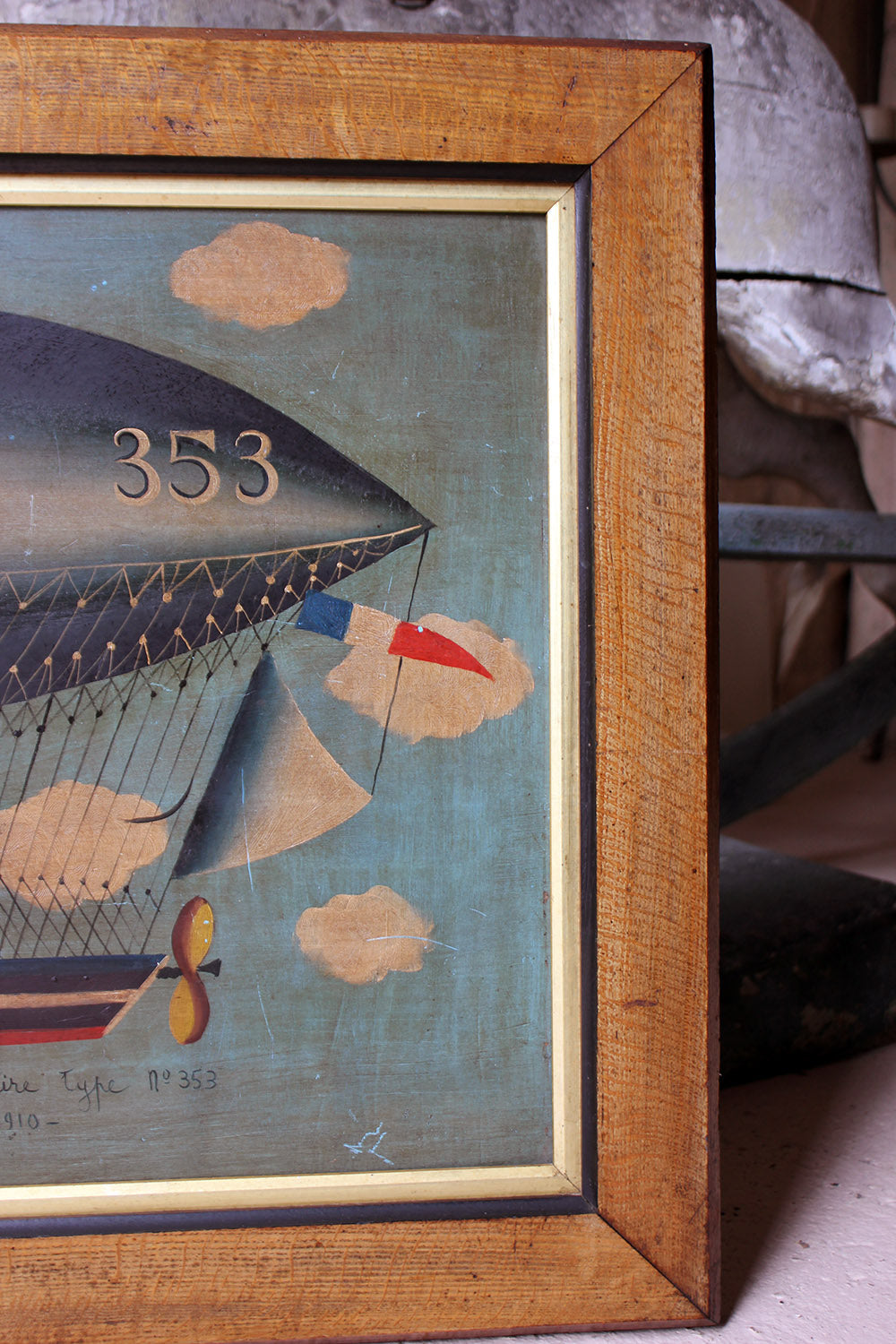 A French Naïve School Oil on Tin of an Airship by J. Du Bois c.1910