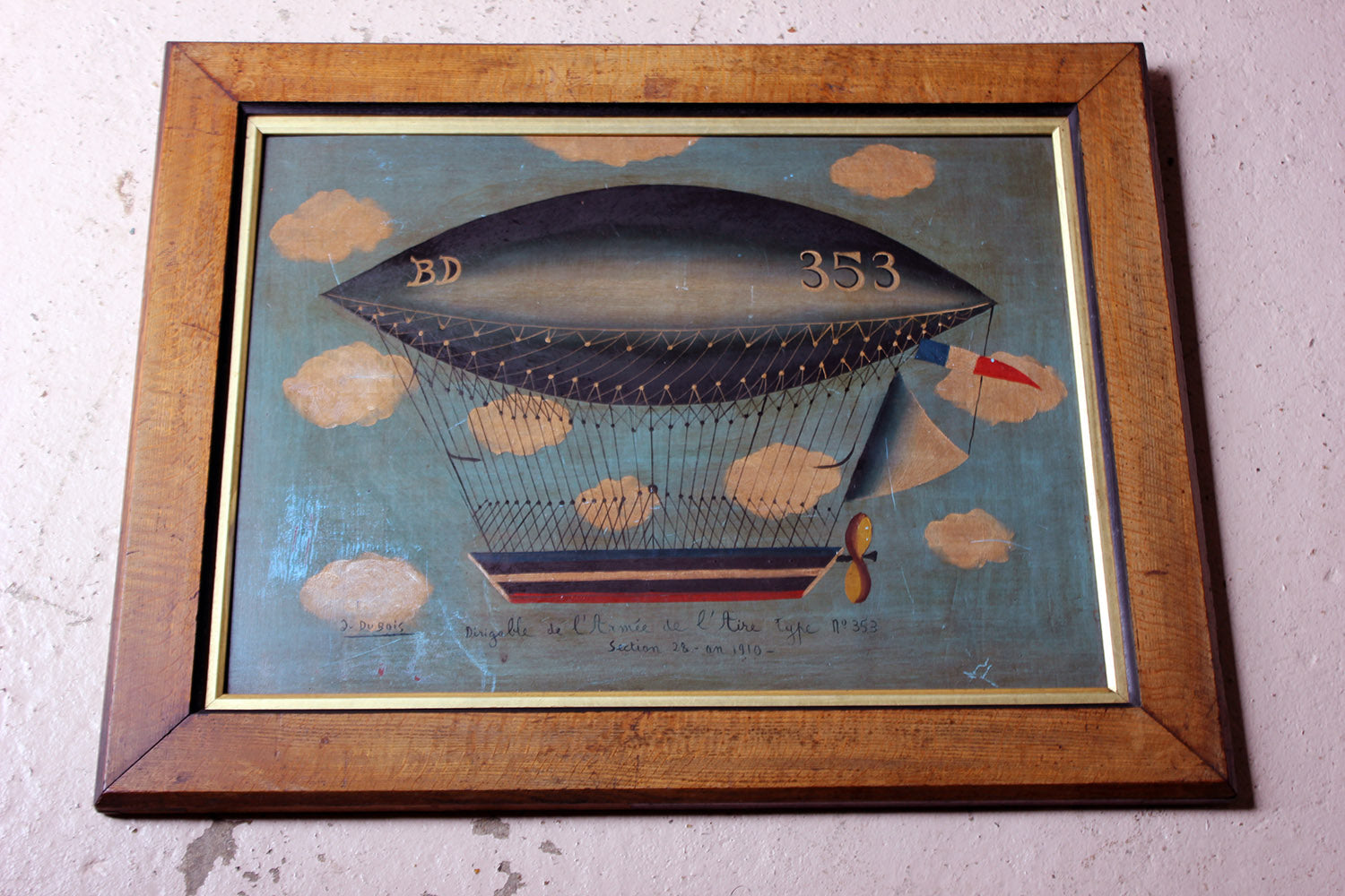 A French Naïve School Oil on Tin of an Airship by J. Du Bois c.1910