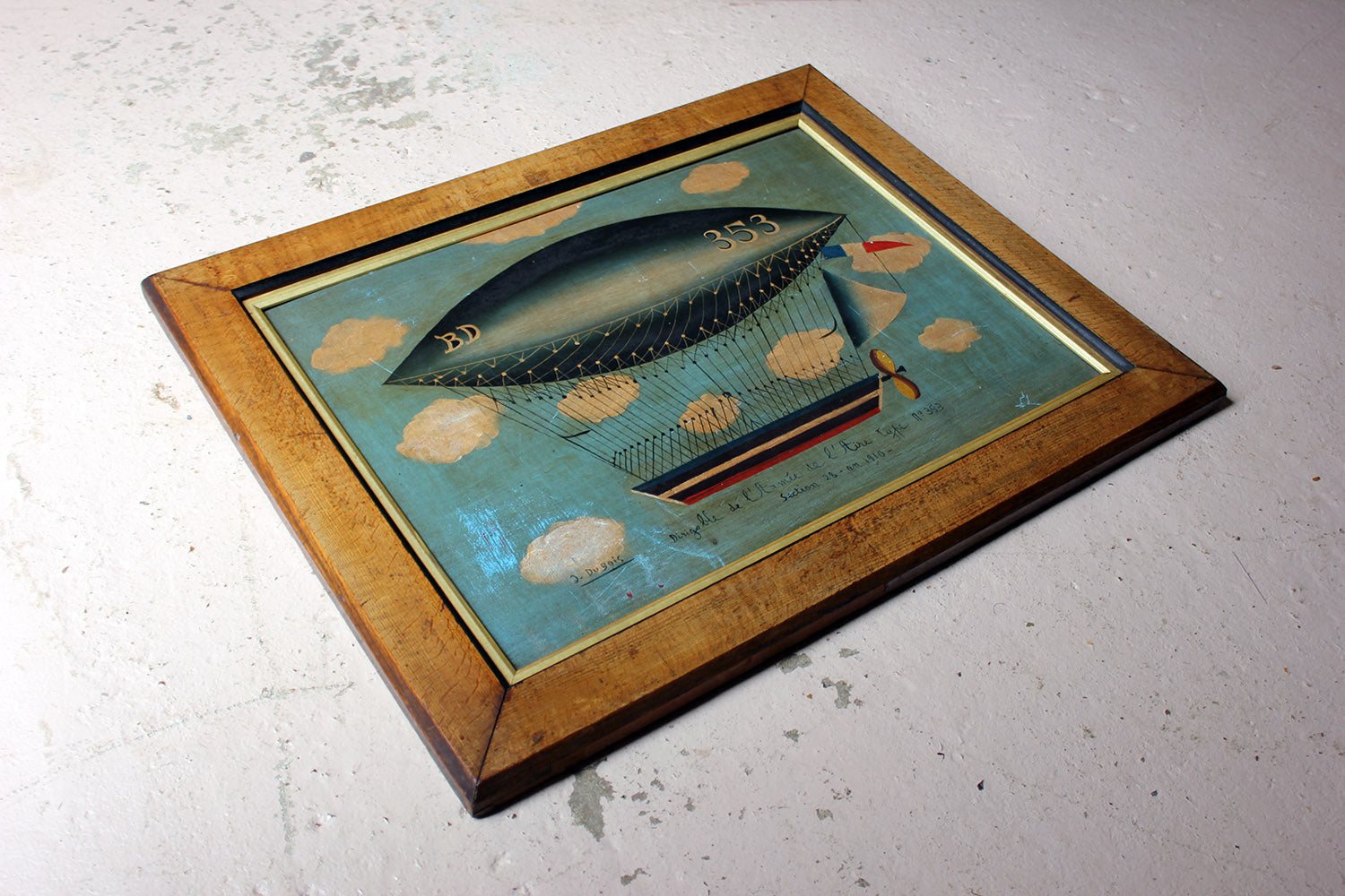 A French Naïve School Oil on Tin of an Airship by J. Du Bois c.1910