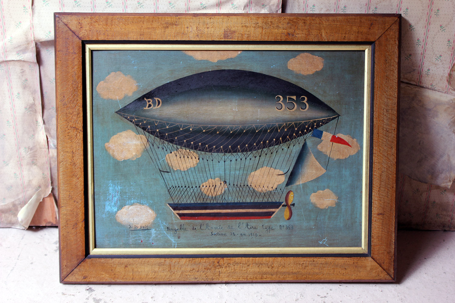 A French Naïve School Oil on Tin of an Airship by J. Du Bois c.1910