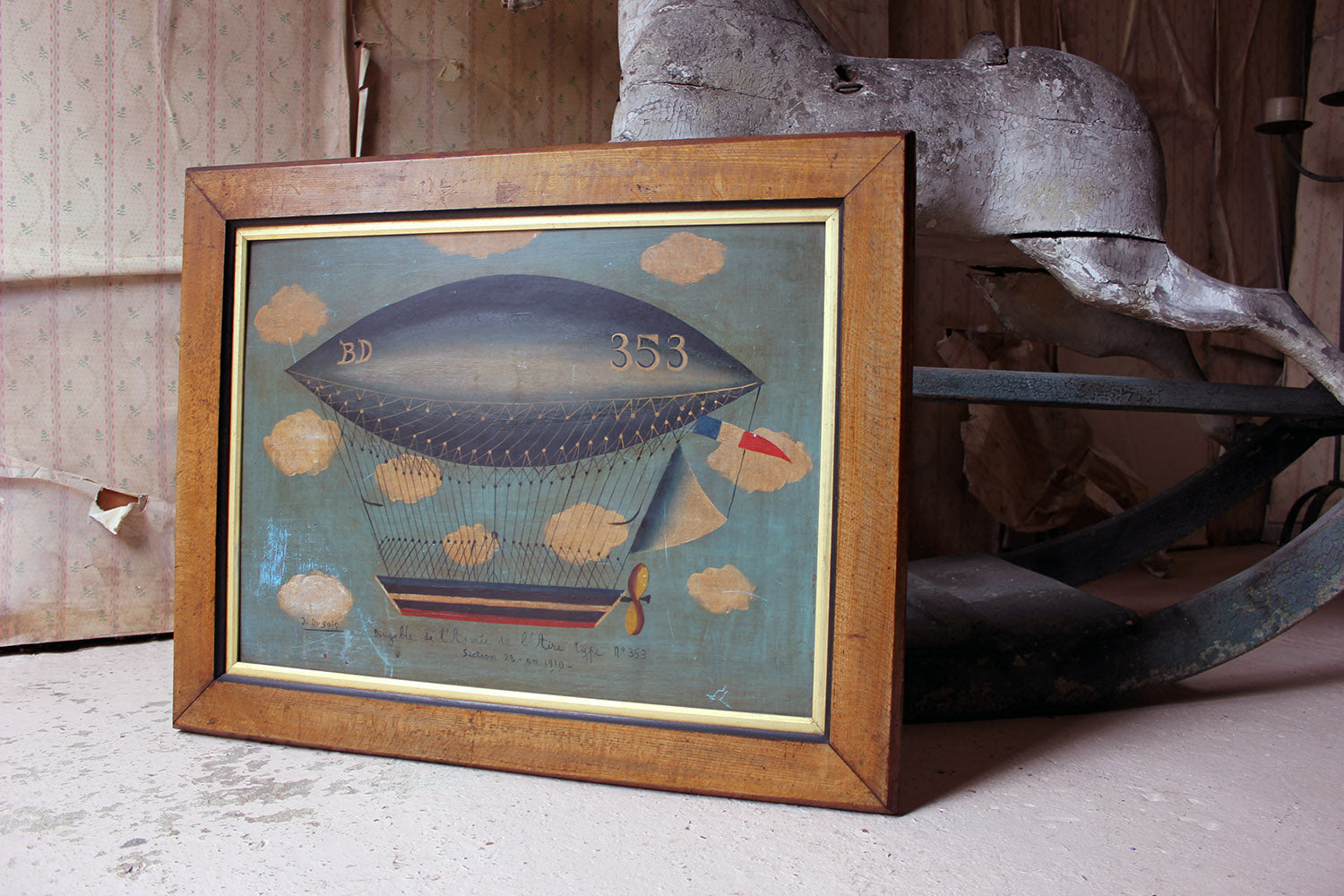 A French Naïve School Oil on Tin of an Airship by J. Du Bois c.1910