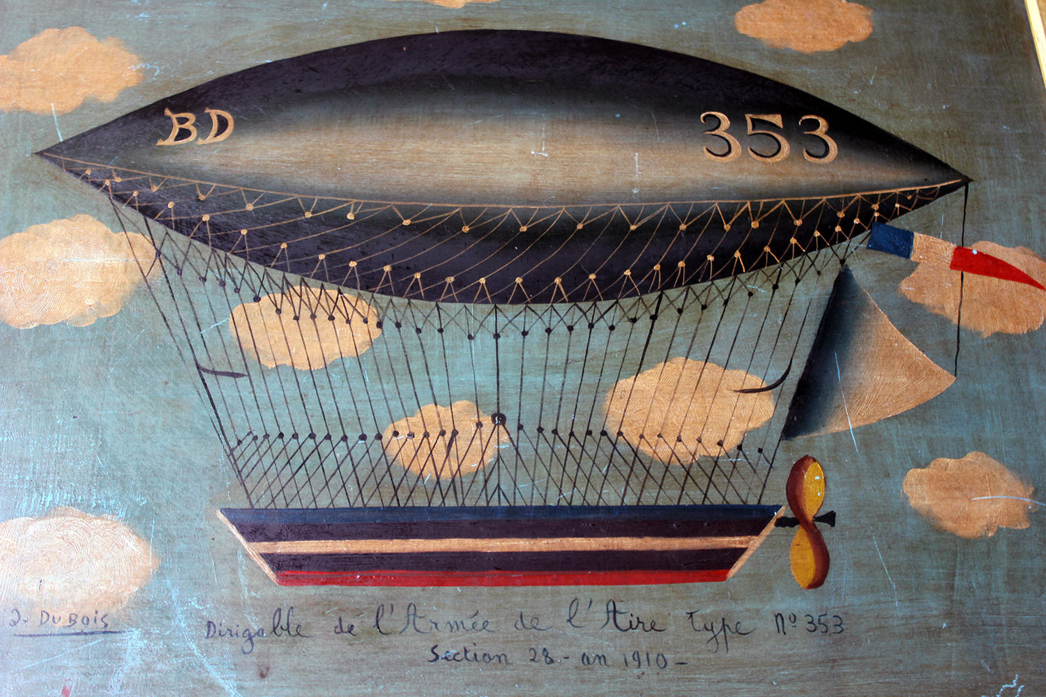 A French Naïve School Oil on Tin of an Airship by J. Du Bois c.1910