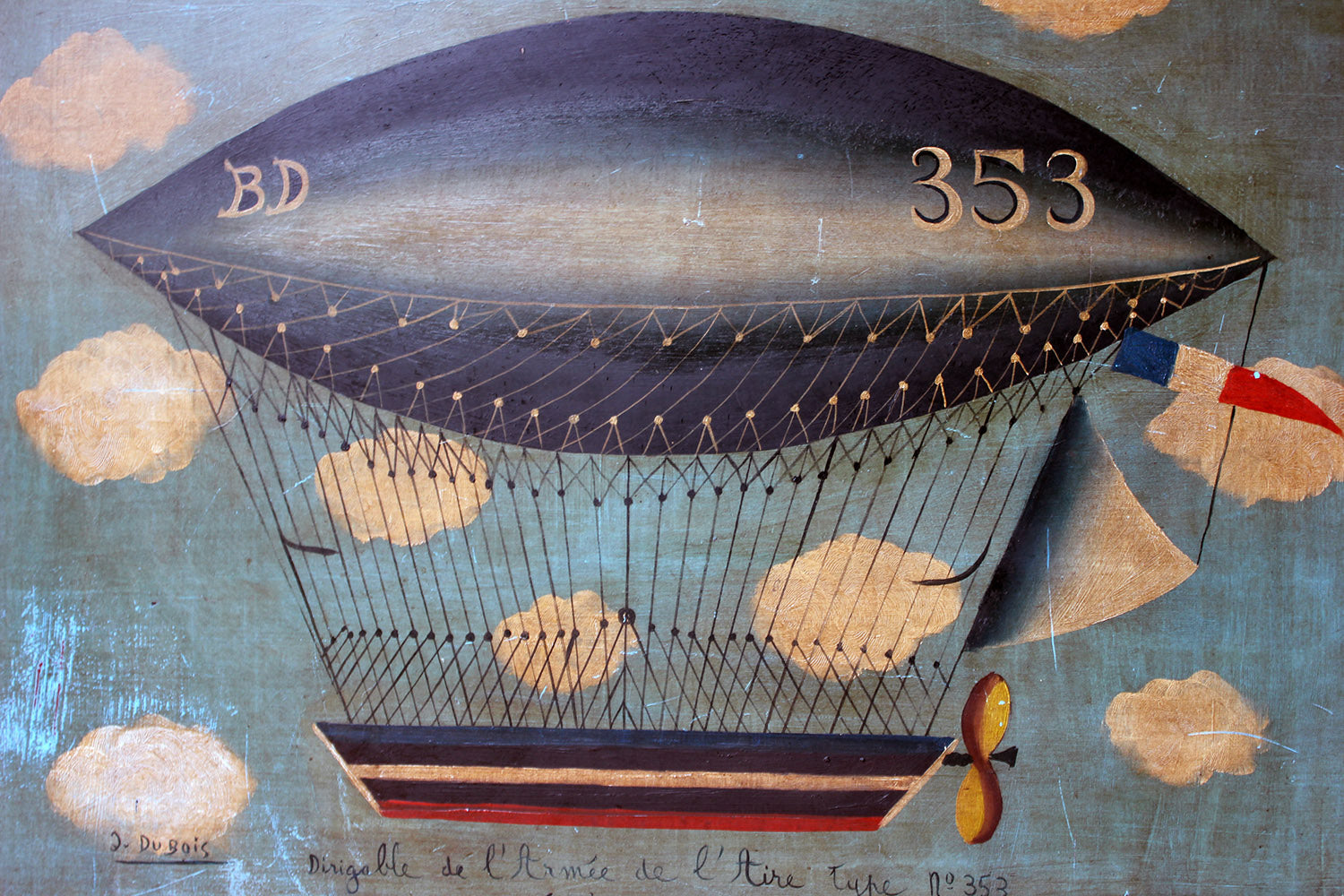 A French Naïve School Oil on Tin of an Airship by J. Du Bois c.1910