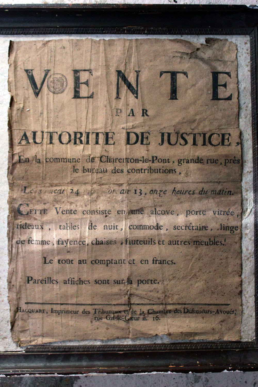 A French Empire Period Napoleonic Notice of a Parisian House Clearance c.1805