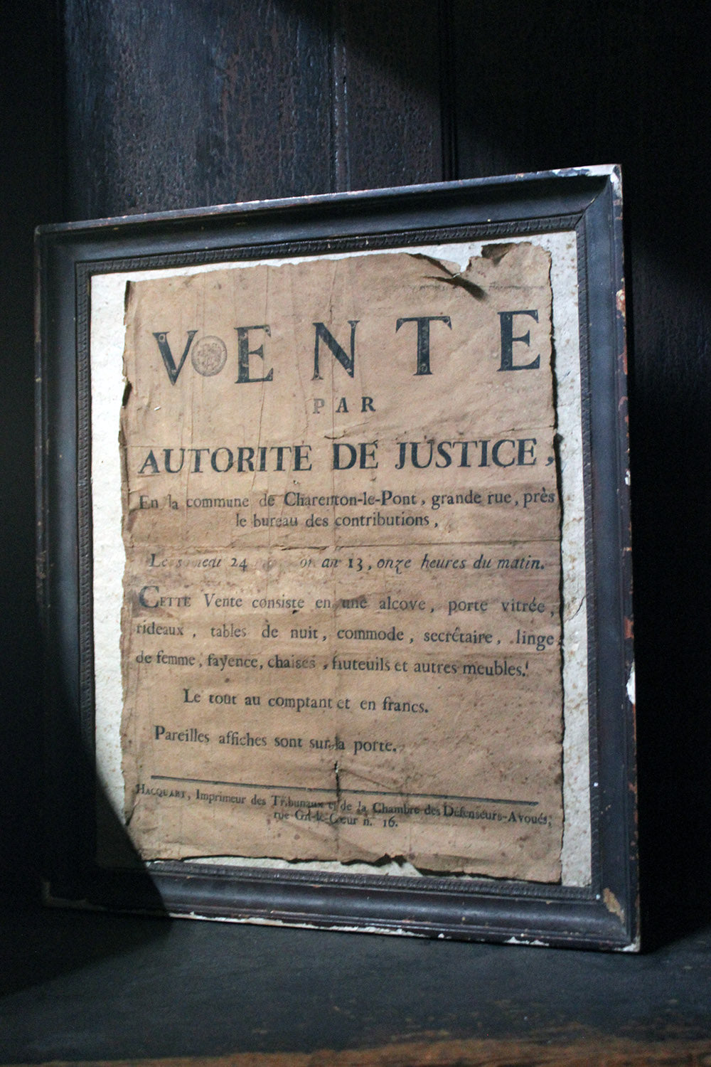 A French Empire Period Napoleonic Notice of a Parisian House Clearance c.1805