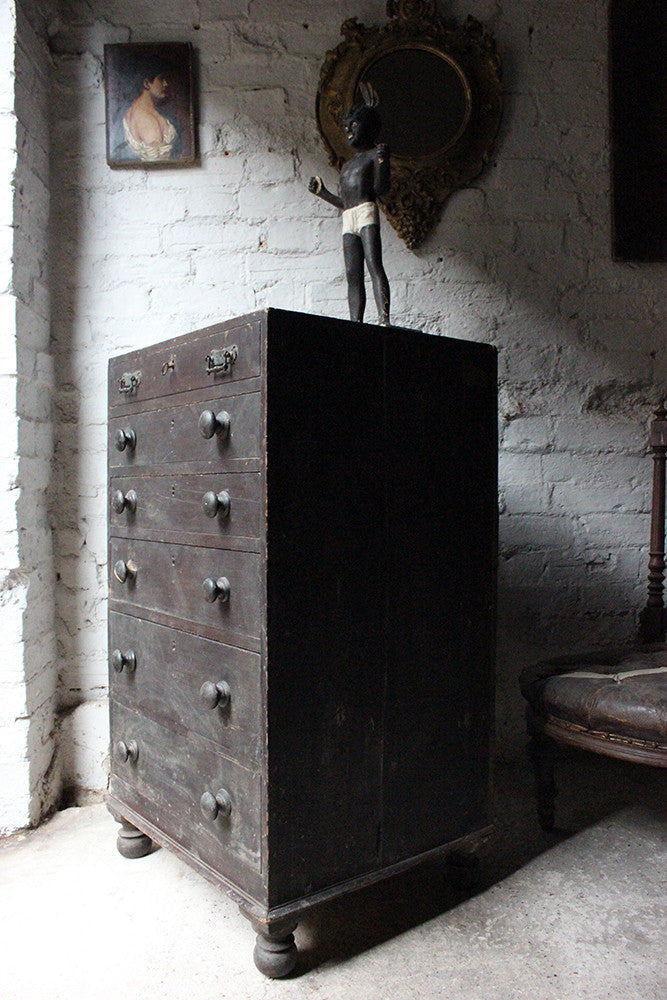 A Decorative c.1900 Black Painted Pine Narrow Chest of Drawers
